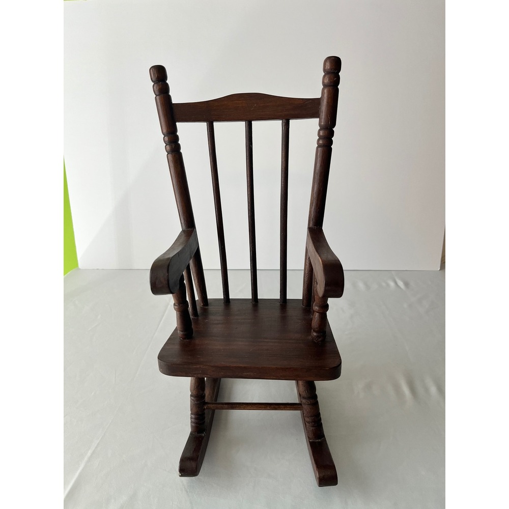 Vintage Miniature Wooden Rocking Chair Spindle Back Dark Wood Doll Bear Display